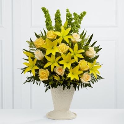 The FTD® Golden Memories™ Arrangement bursts with sunlit beauty to honor the life of the deceased. Brilliant yellow Asiatic lilies, roses and solidago are offset by cream roses, Bells of Ireland, teepee palm fronds and lush greens to create a dazzling display. Arranged in a large papier mache urn, this incredible presentation of floral grace will bring a cheerful elegance to their final farewell service.