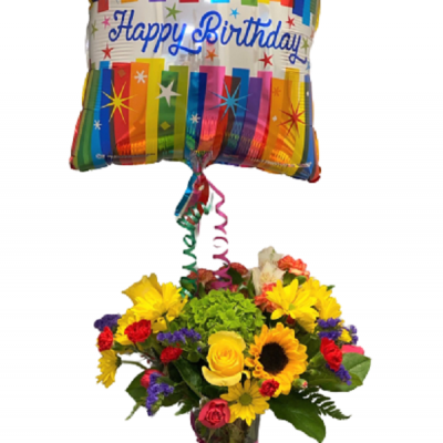 Send cheer and best wishes with the Bright & Beautiful Birthday Arrangement. Bold colors, the freshest blooms and a joyful balloon combine to create a festive feel for their special day. Handpicked happiness delivered.