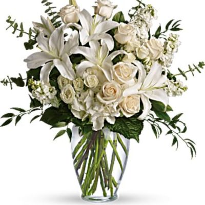 <div id="mark-3" class="m-pdp-tabs-marketing-description">A dreamy bouquet of white sympathy flowers is a comforting reminder of your love. The lush arrangement of soft colors is delivered in a majestic, tall glass vase.</div>
<div id="desc-3">
<ul>
 	<li>This gorgeous bouquet overflows with white hydrangea, crème roses, white spray roses, white oriental lilies, white stock, spiral eucalyptus, salal and Italian ruscus in a classic glass vase.</li>
</ul>
</div>