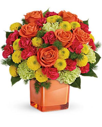 Smile awhile! This spirited mix of happy citrus blooms will brighten the room, and their mood. The cheerful bouquet of roses, carnations and mums is hand-delivered in an exclusive Color Splash cube.
Bold orange roses, green carnations, dark pink miniature carnations, and yellow button spray chrysanthemums are mixed with ming fern and lemon leaf.