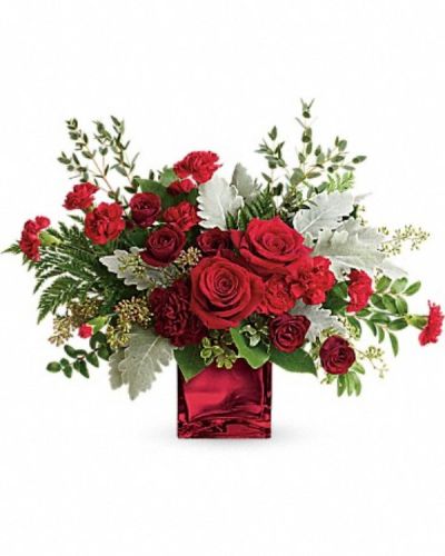 <div class="m-pdp-tabs-description">
<div id="mark-1" class="m-pdp-tabs-marketing-description">Unforgettable in every sense of the word! Make a dramatic impression with this ultrachic arrangement, featuring a modern organic shape, luxurious blooms, and a shimmering keepsake cube vase.</div>
</div>
<p id="arrngDescp">This dramatic bouquet features red roses, dark red spray roses, maroon carnations, red miniature carnations, dusty miller, leatherleaf fern, huckleberry, seeded eucalyptus, lemon leaf, and parvifolia eucalyptus. Delivered in a Red Mirrored Cube.</p>