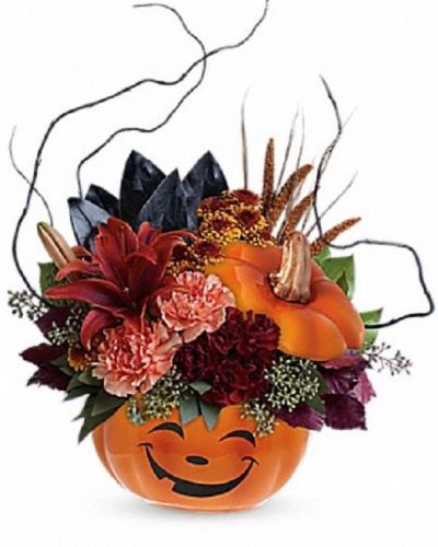 <div class="m-pdp-tabs-description">
<div id="mark-1" class="m-pdp-tabs-marketing-description">What a "boo"-tiful way to wish them a Happy Halloween!</div>
<div class="m-pdp-tabs-marketing-description">This spirited mix of lilies, carnations, mums and fun fall accents is hand-delivered in a delightful ceramic pumpkin, the perfect Halloween candy jar!</div>
<div class="m-pdp-tabs-marketing-description">Delivered in a frightful ( or happy, depending on your taste :) Pumpkin container.</div>
</div>