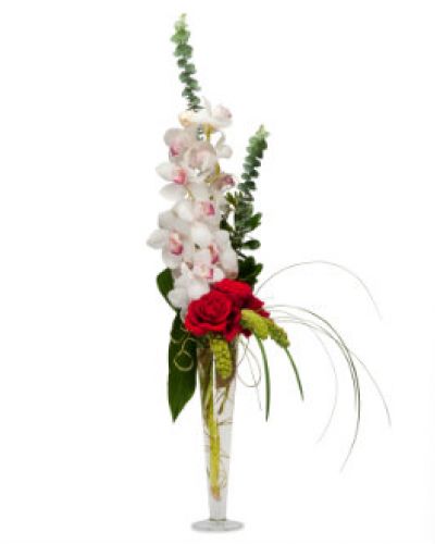 <p>Make a statement with this exquisitely elegant display of orchids and roses.</p>