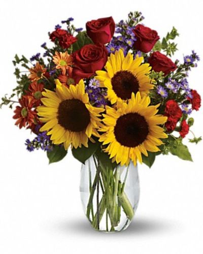 <div class="m-pdp-tabs-description">
<div id="mark-1" class="m-pdp-tabs-marketing-description">
<hr />
<p>Pure happiness is what this pretty bouquet delivers - whether you're sending it for a fall birthday, Thanksgiving, thank you, or simply just because. Surely, no one can be in the presence of something so inherently happy and not smile.
</p></div>
</div>
<p id="arrngDescp">Sunny sunflowers, red roses and miniature carnations, bronze daisy spray chrysanthemums, large lavender monte cassino asters and autumn greens are beautifully arranged in a clear glass vase.</p>